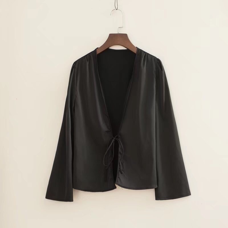 Autumn Green Lacing up Polka Dot Print Bow Tie Shirt Holiday Woman Long Sleeve Ruched Cuff Deep V-Neck Cardigan Sexy Blouse 210429