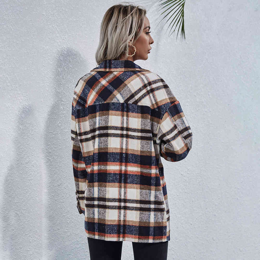 Autumn Winter Shirt Women Fashion New Loose Casual Ladies Plaid Checked Button Up Turn-down Collared Tops And Bloues Jacket 210415