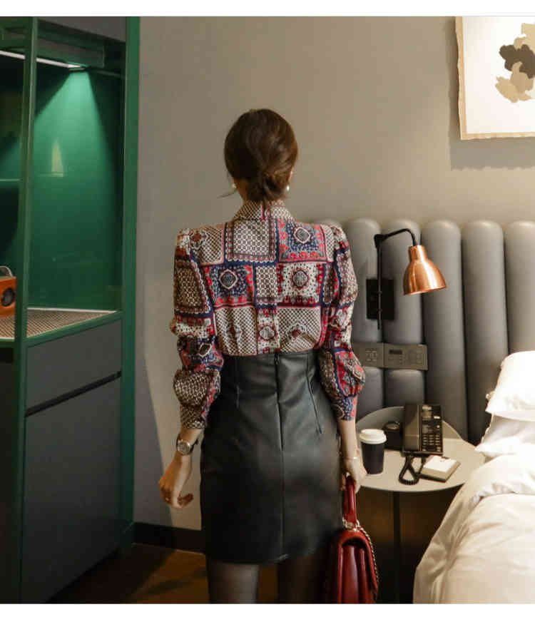 Spring Fashion Two Piece Set Women Bowknot Turn-down Collar Chiffon Printed Blouse + High Waist PU Mini Skirts Suits Female 210519