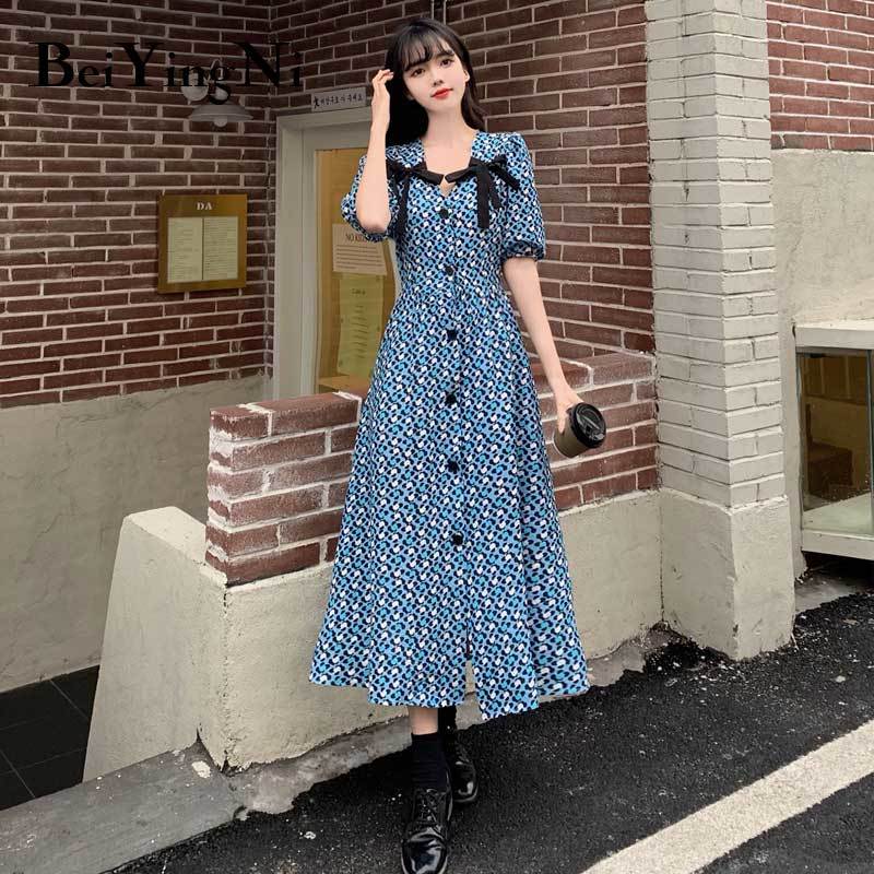 Elegant Kawaii V-neck Dresses Womens Printed Sashes Sweet Vintage Short Sleeve Chiffon A Line Vestidod Female Clothes 210506