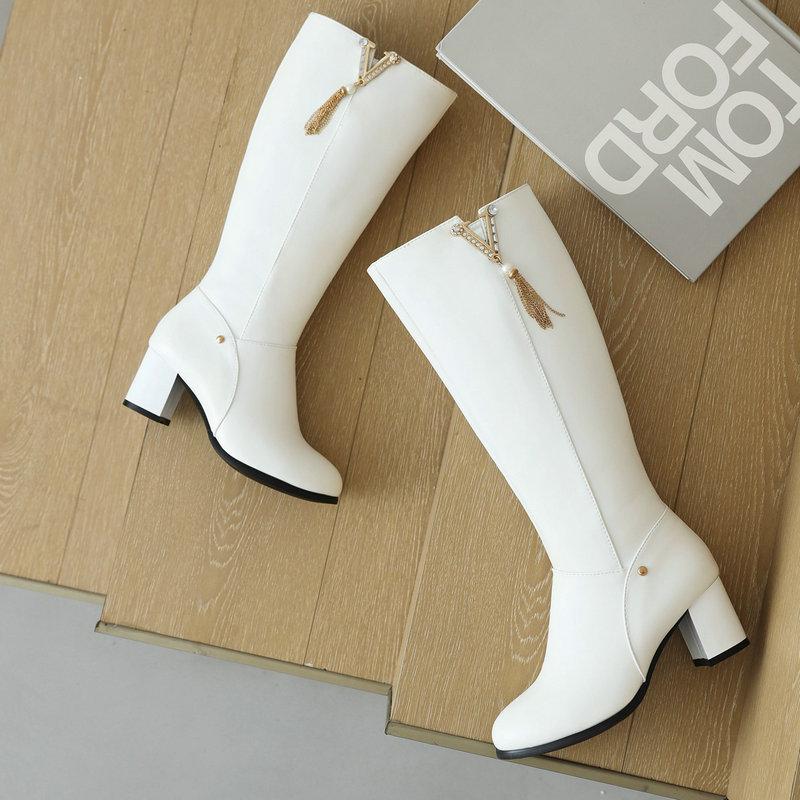 Boots Ladies Winter Fashion Square Heel Zipper Rhinestone Knee High Spring Autumn Metal Decoration Round Toe Long