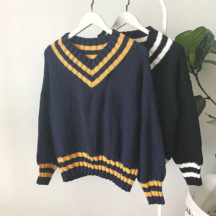 Autumn V-neck Sweater Women Vintage Jumper Blue Knitted Striped Sweaters For Women White Harajuku Sweater Pullover Winter Warm 210918