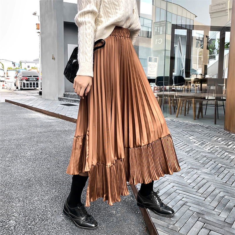 OL Elegant Women High Waist Vintage Irregular Pleated Skirt Autumn Winter Formal Plus Size Solid Long Skirts Womens 210421