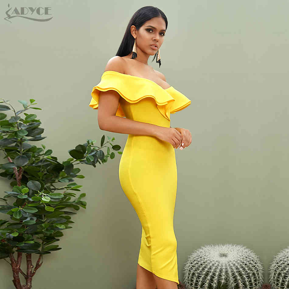 Summer Sexy Off Shoulder Women Bandage Dress Ruffles Slash Neck Yellow White Club Celebrity Party Runway Dresses 210423
