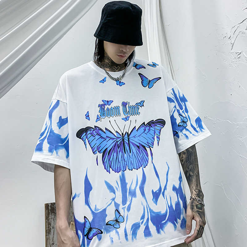 Mens Hip Hop T Shirts Blue Fire Flame Butterfly Streetwear Tshirt Harajuku Summer Short Sleeve T-Shirt Cotton Tops Tees 210715