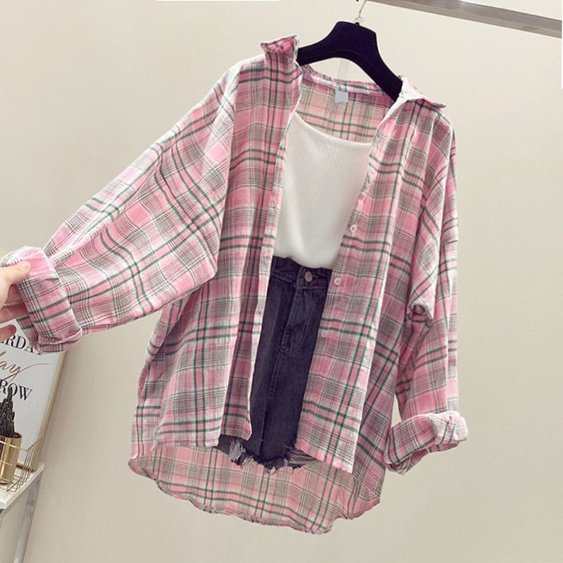 Design Fashion Plaid Women Tops and Blouses Female Casual Matching Color Long Sleeve Button Loose Plaid Shirt Top blusas mujer d