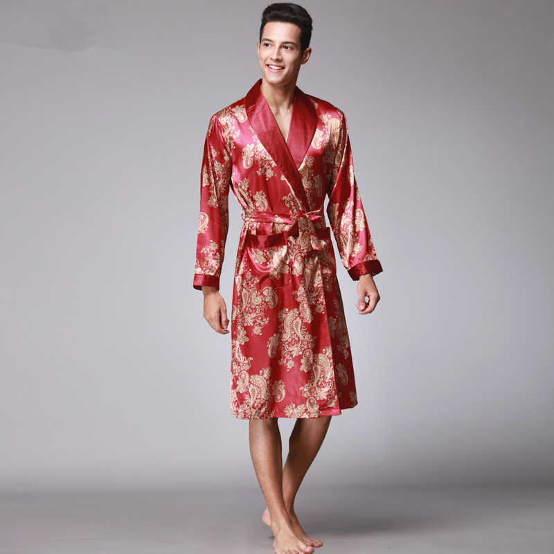 Mens Summer Paisley Print Silk Robes Male Senior Satin Sleepwear Satin Pajamas Long kimono Dressing Gown Bathrobe For Men T200110