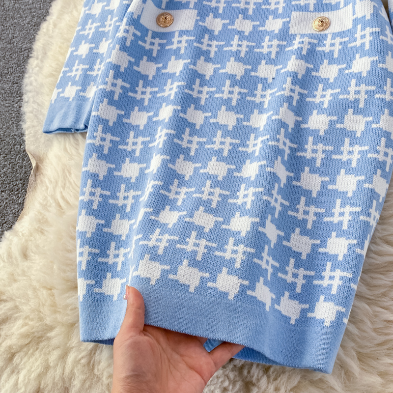 2021 Autumn winter new design womens o-neck long sleeve houndstooth grid knitted short dress