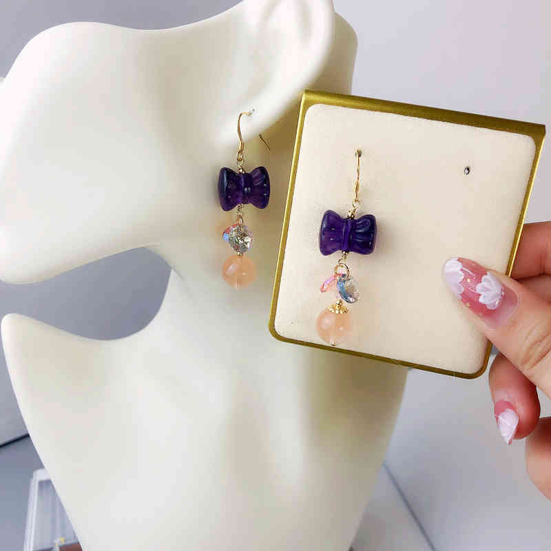 Red Rabbit Hair Amethyst Grey Moonlight Austrian Crystal 925 Silver Ear Hook Set