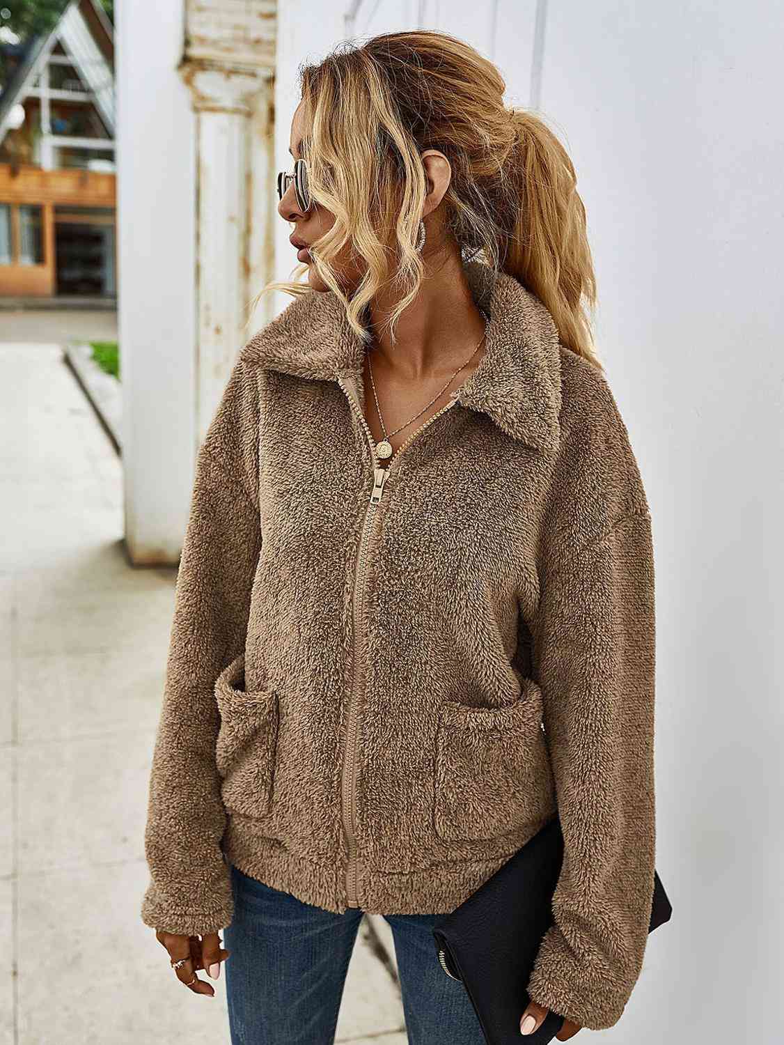 Autumn Winter Thick Warm Plush Jackets Female Fashion Lapel Pocket Zipper Soild Cardigan Faux Fur Coat Casual Loose Women Jacket 210522