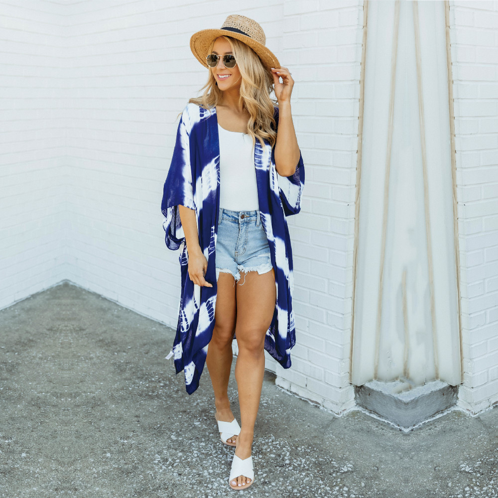 Blue Boho Striped Robes Bathing Suit Cover-ups Plus Size Beach Wear Long Kimono Dress Women Summer Swimsuit Cover Up A806 210420