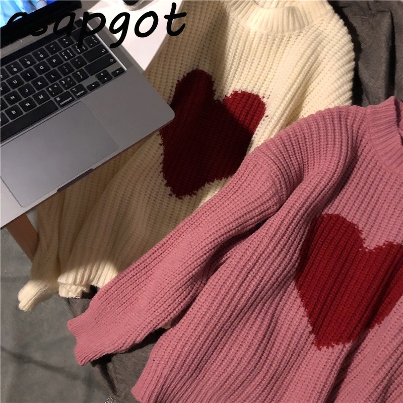 Sweaters&Jumpers Women's Clothing Chic Fashion Sweet O Neck Long Sleeve Love Heart Print Pullovers Sweater Casual Pull Femme 210429