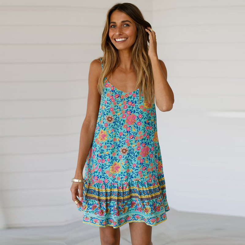 Women Dress Deep V Neck Bohemia Print es Backless Sling Flower Sexy Loose Short Beach es Summer 210524