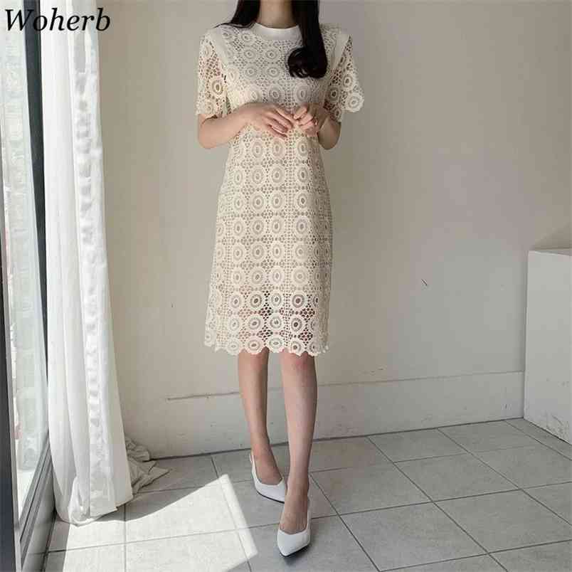 Women Lace Floral Crochet Dress Vestidos Summer Elegant Belt Robe Vintage Dresses Ladies Office Work Long Korean 210519