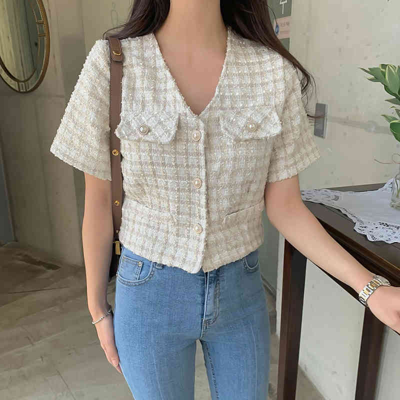 Tweed Korean Vintage Women Coat Summer Short Sleeve V-neck Single Breasted Pockets Ladies Fashion Jacket Tops Femme 210519
