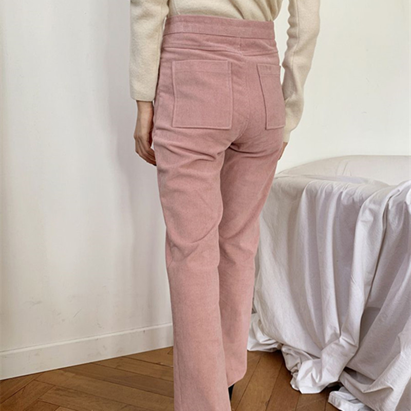 Spring Autumn Elegant High Waist Flare Pants Women Bottoms OL Work Wear Corduroy Solid Loose Trousers 210421