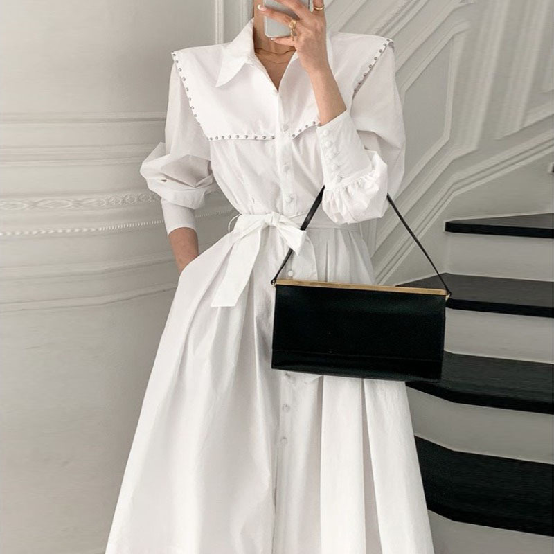 Spring Elegant Rivet Shirts Dress Vestidos Women Clothing Vintage Single-breasted OL Work Lace Up Casual Dresses Female 210518