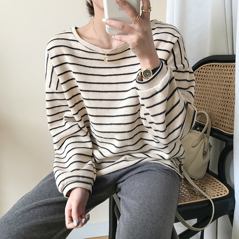 3 colors autumn korean style loose stripe Women Sweatshirts Long Sleeve Sweatshirt Womens pullovers ( F3926) 210423