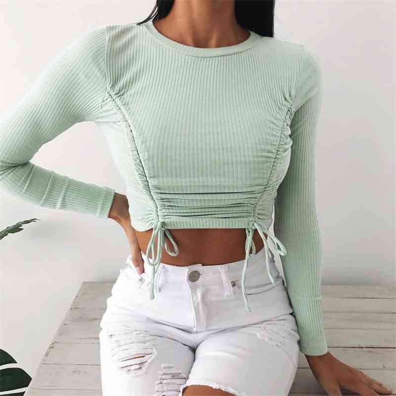 Sexy White Long Sleeve Crop Tops Autumn Casual Drawstring Lace Up Pleated T-shirt Female Green Slim Short Tshirt Women 210526
