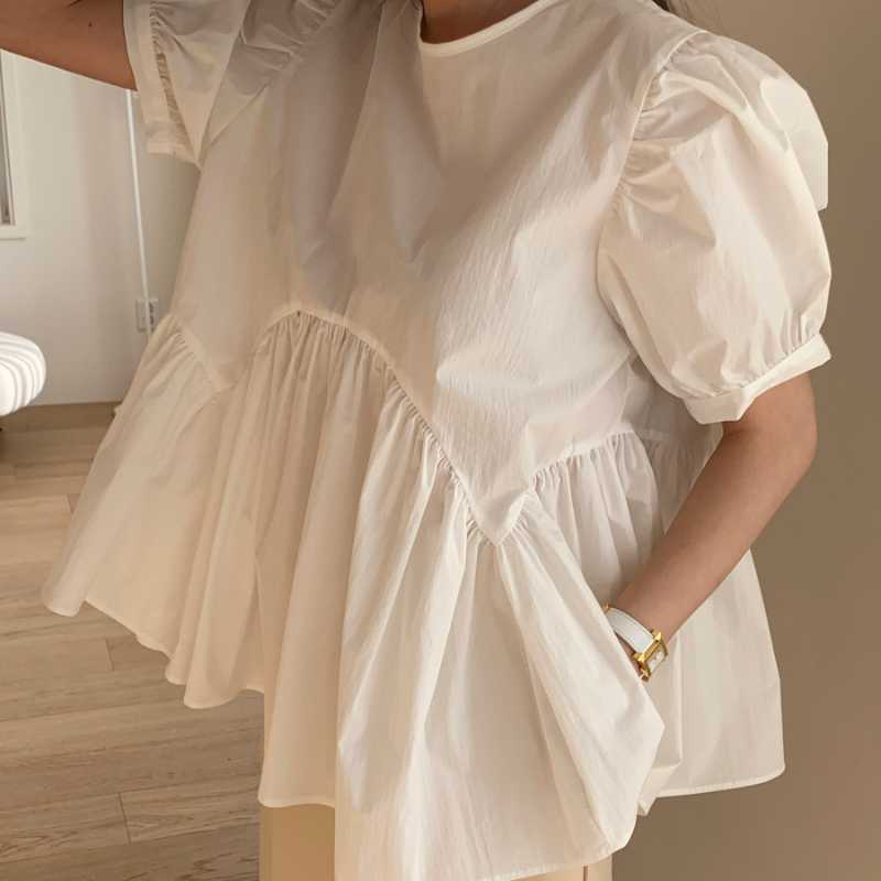 Korean Chic Bow Tie Backless Blouse Causal Puff Sleeve O-neck Doll Shirt Summer Ruffle Patchwork Blusas 6J475 210603