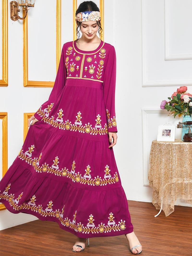 Rose Vintage Arab Dress Women Appliqued Embroidery Loose Muslim Abaya Pleated Hem Big Size Robe Longue Femme Musulmane Casual Dresses