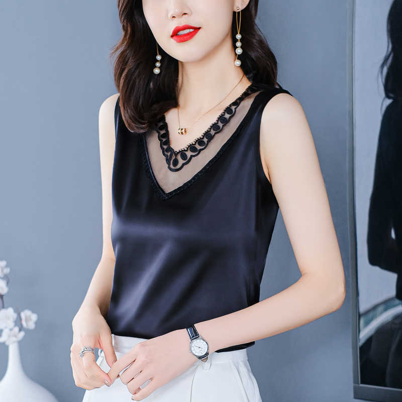 Korean Fashion Satin Women's Blouse Lace Office Lady Vest V-neck Plus Size Embroidered Women Tops Sleeveless Woman Top 210604