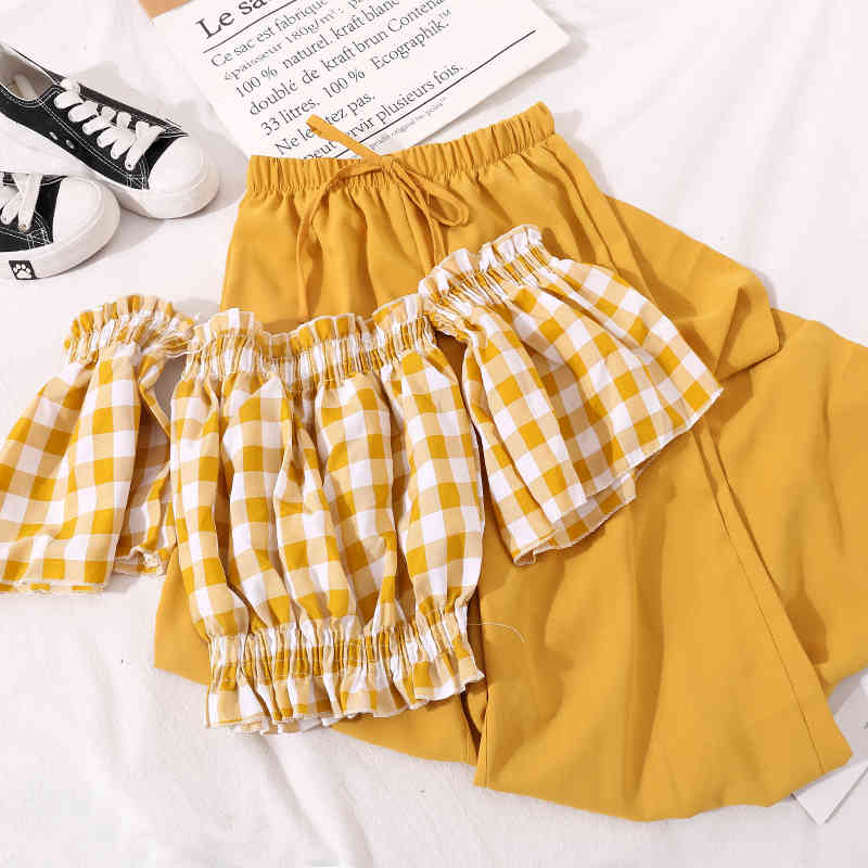 Summer Chiffon 2 Pieces Set Women Off Shoulder Plaid Crop Tops Blouse + Wide Leg Pants Casual Suit Korean Outfit 210519