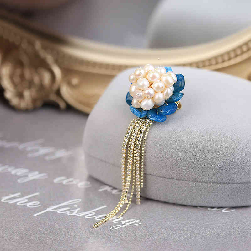 Rivd Handmade Jewelry Blue Xinghe Apatite Zircon Tassel Freshwater Pearl Brooch Dress 7203i