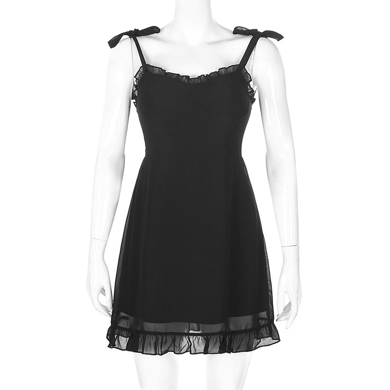 France Style Vintage Black Wood ears Ruffled Lace Sling Slim Temperament Dress 210429