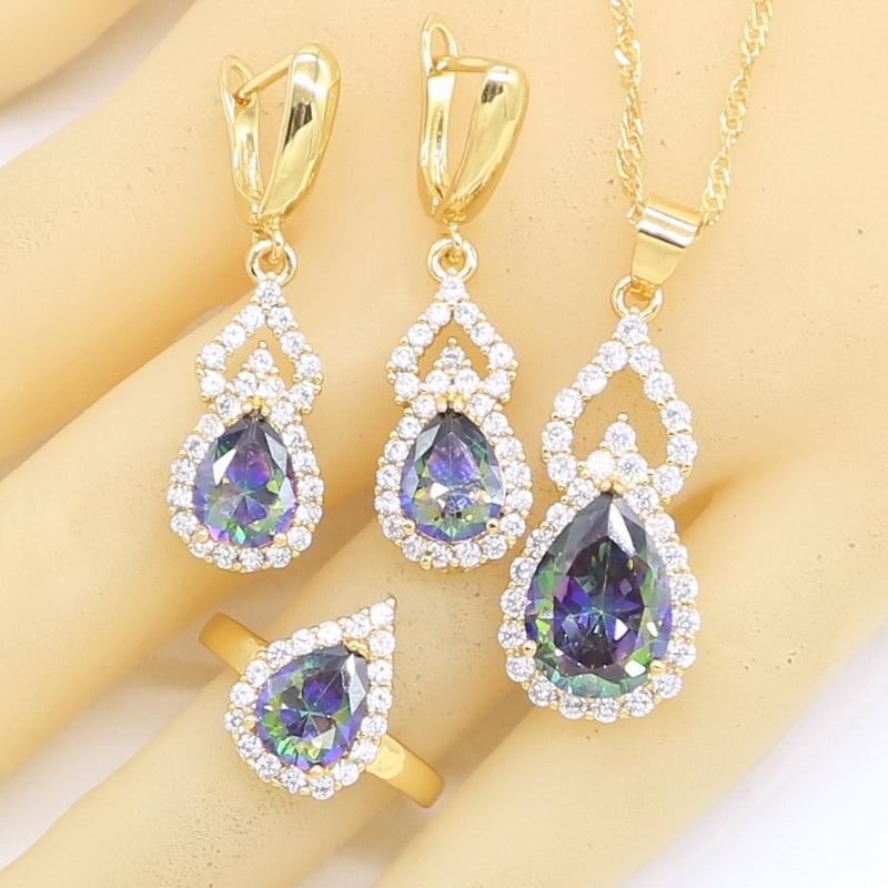 Earrings & Necklace Water Drop Rainbow Zircon Gold Color Jewelry Sets For Women Pendant Rings Gift Box, Silver
Earrings & Necklace Water Drop Rainbow Zircon Gold Color Jewelry Sets For Women Pendant Rings Gift Box, Silver