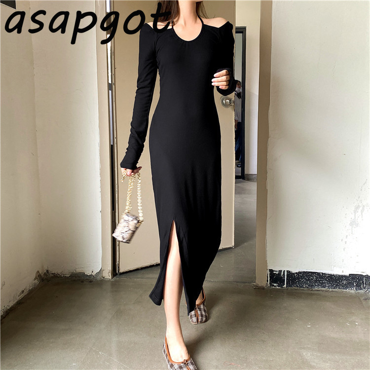 Vintage Halter Off The Shoulder Knitted Dress Long A Line Sleeve Split Sweater Lady Temperament Fashion Solid Chic 210429