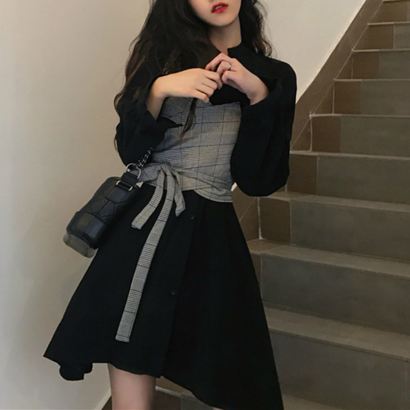 Elegant Casual Mini Dress Women V-Neck Long Sleeve Vintage Plaid Midi Dress Office Lady Chic Dress Korean Autumn 210521
