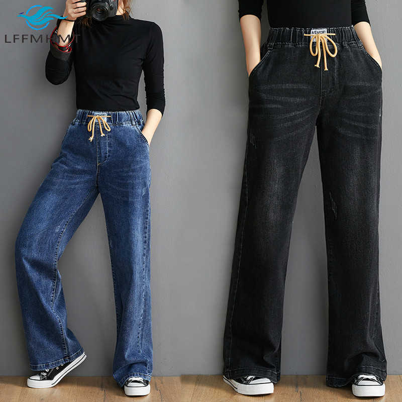 OYS 202 Elastic High Waist Women Denim Pants Office Lady Korean Simple Casual Loose Jeans Female Solid Color Vintage Trousers 210922