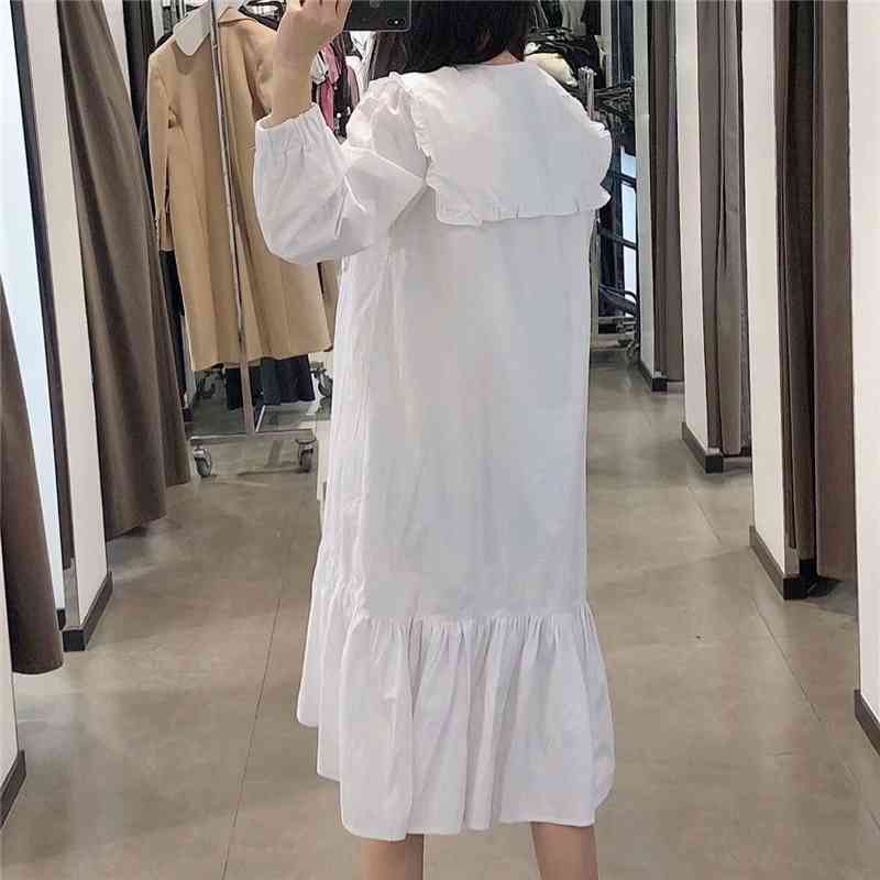 Sweet Women Solid White Loose Dresses Fashion Ladies Patchwork Draped Vestidos Streetwear Female Chic Button Dress 210430