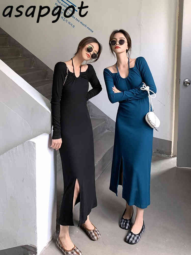 Vintage Halter Off The Shoulder Knitted Dress Long A Line Sleeve Split Sweater Lady Temperament Fashion Solid Chic 210429