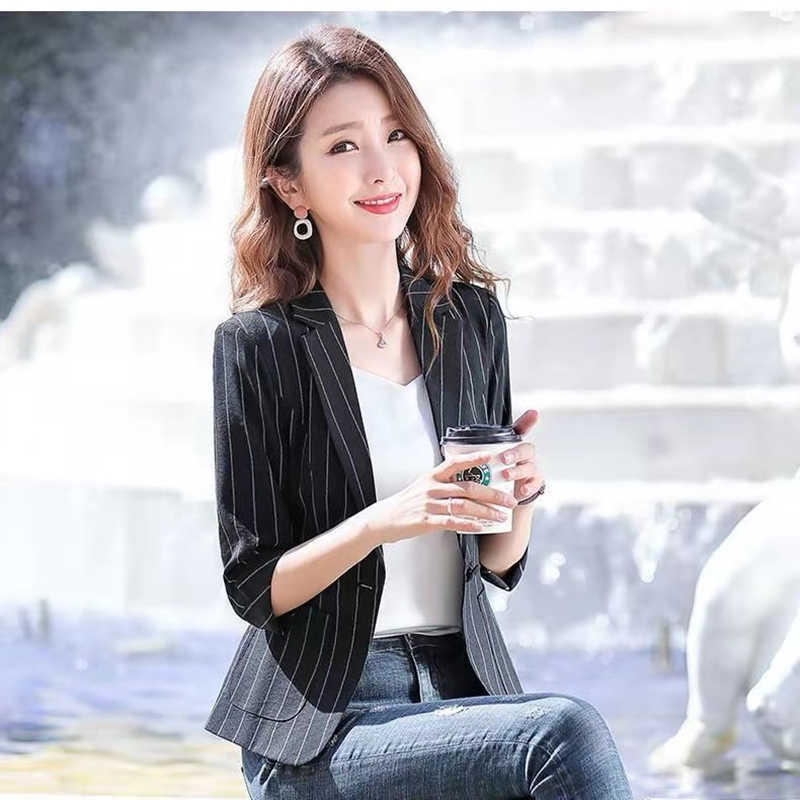 Spring Summer Women's Jacket Black White Striped Fashion Jackets Suit Three Quarter Sleeve Single Button Female Coat 210930