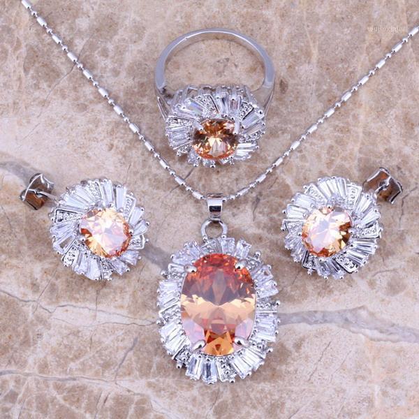 Image of Earrings & Necklace Morganite White CZ Silver Plated Jewelry Sets Pendant Ring Size 6 / 7 8 9 10 S0091