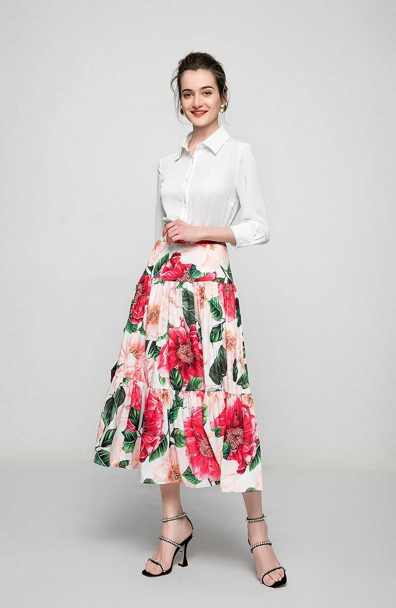 Women's Runway Two Piece Dress Turn Down Collar Long Sleeves White Shirt with Printed Skirt Twinsets