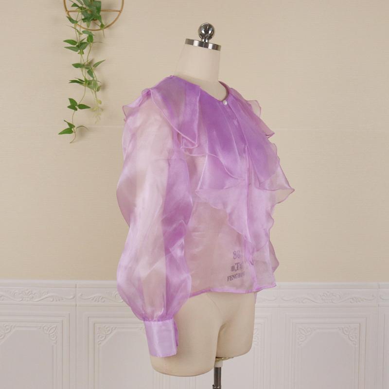 Women's Blouses & Shirts Women Purple Tops Long Lantern Steeves Office Ladies See Through Fashion Clothes 2021 Party Birthday Blouse