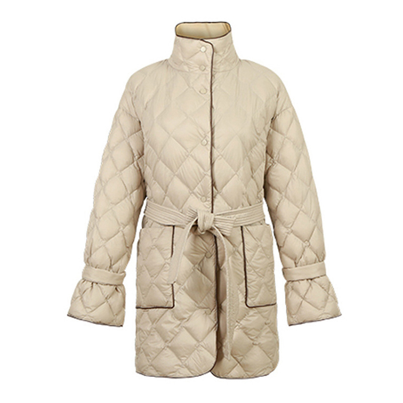 Long Women's Argyle Padded Parka Jacket With Belt | Winter B4