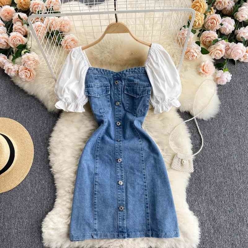 Hong Kong style age-reducing bubble sleeve contrast color stitching retro denim dress female summer buttoned slim short skirt 210525, Blue
Hong Kong style age-reducing bubble sleeve contrast color stitching retro denim dress female summer buttoned slim short skirt 210525, Blue