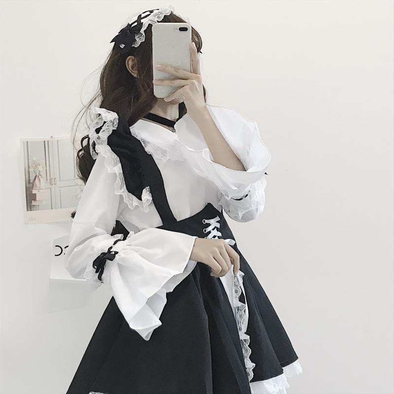 Sweet Black and White Lolita Dress Women Maid Costume Gothic Party Flare Sleeve es Japanese Style Vestido 13646 210427