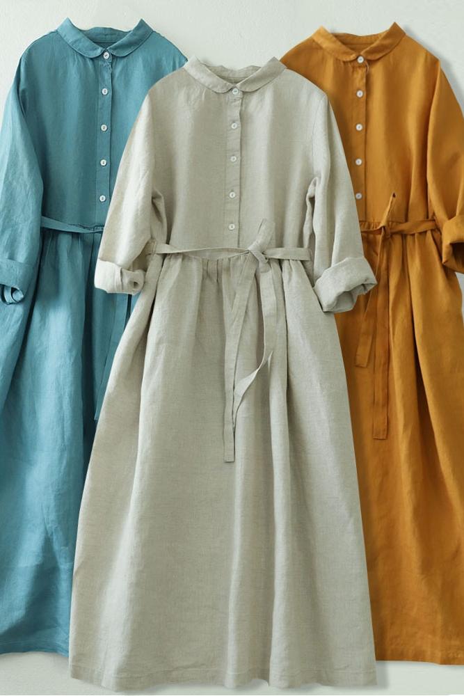 Pure Linen Long-sleeved Dress Aging Doll Collar Spring And Autumn Cotton Women's Shirt Long 277 Casual Dresses