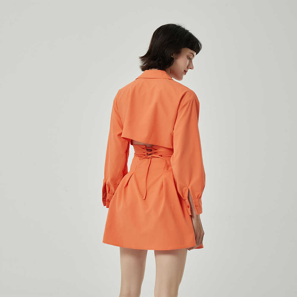 Summer Tunic Dress Women V-neck Long Sleeves Lace Up Hollow Out Waist Casual Fashion Chic Lady Short Dress Women 210709