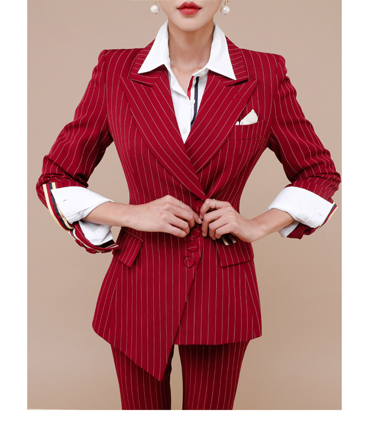 Business Women 2 Piece Pant Set Autumn Winter single-breasted Striped Blazers coat + Office OL Ladies Pencil Trousers Suit 210519