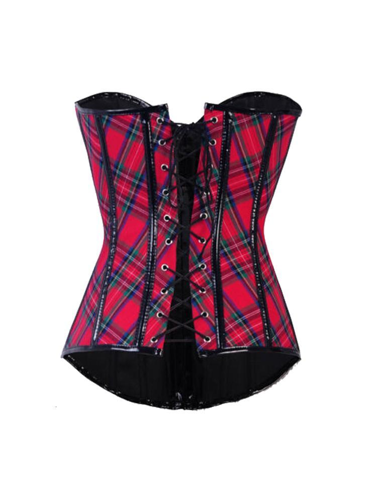 Women Bustier Red Plaid Corset With PVC Buckles Lace Up Gothic Top Overbust