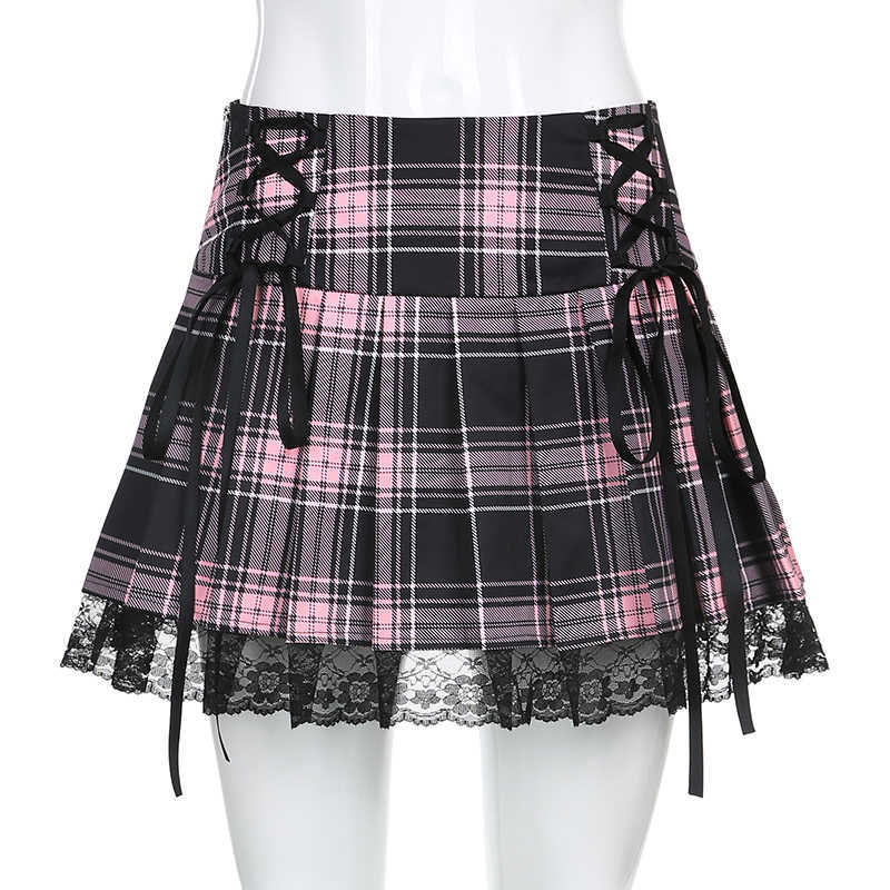 Sweetown Lace Up Goth Y2K Woman Skirts Pink Stripe Plaid Trim Pleated Skirt Punk Dark Academia Aesthetic E Girl Clothes 210619