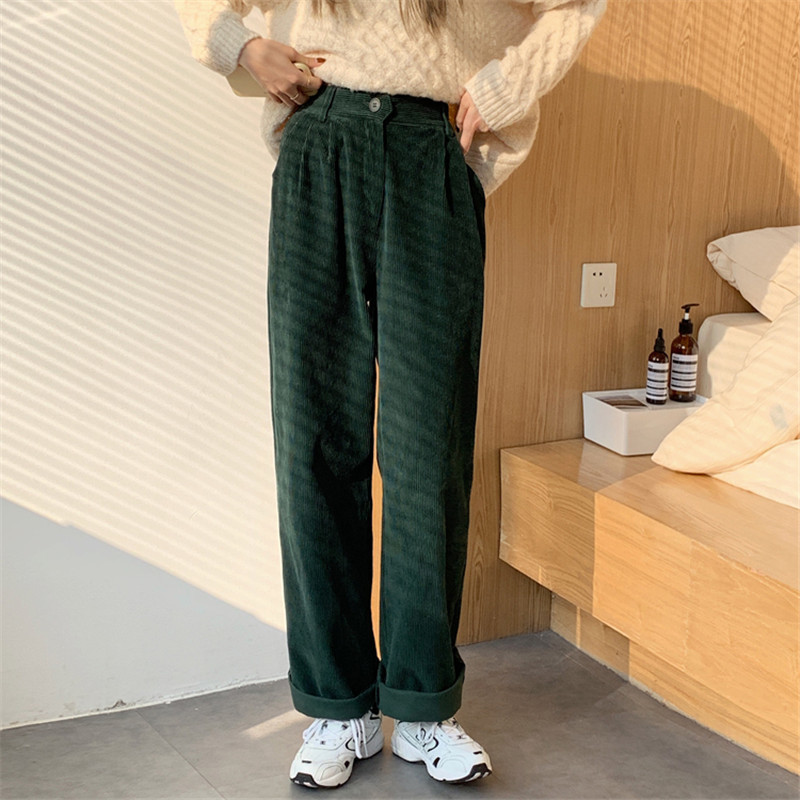 OL Elegant Minimalist High Waist Straight Corduroy Pants Women Spring Autumn Casual Wide Leg Trousers 210421