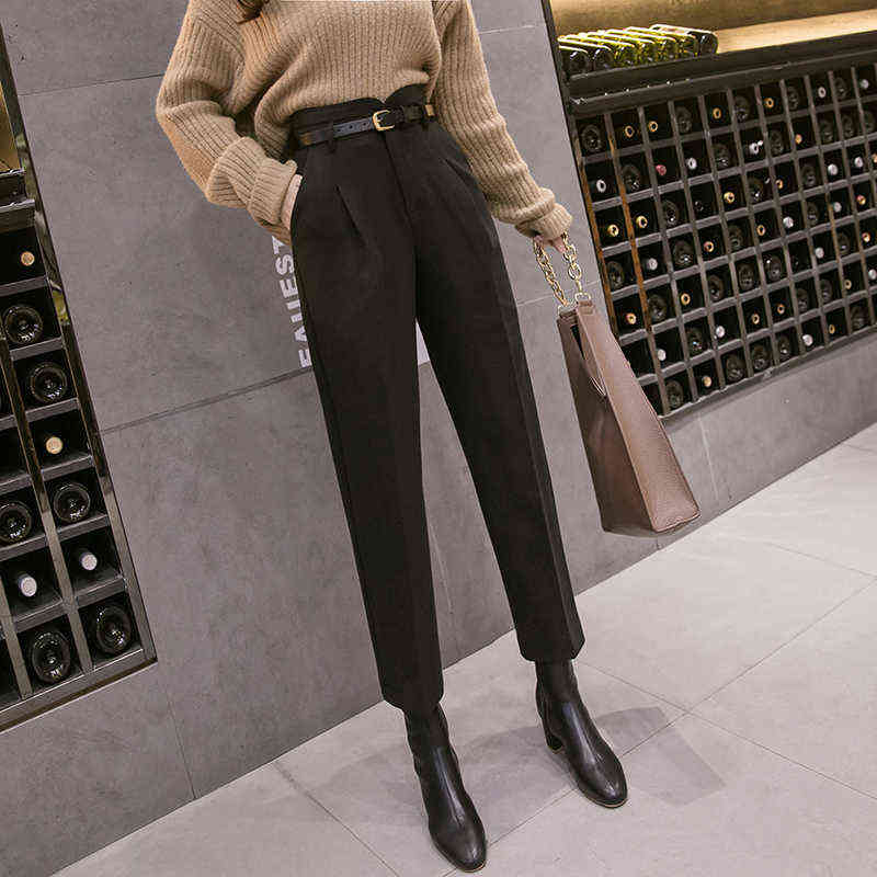 Woolen Formal Women's Harem Pants with Belt Autumn Winter High Waist Office Lady Elegant Ankle-Length Trousers Pocket 211115