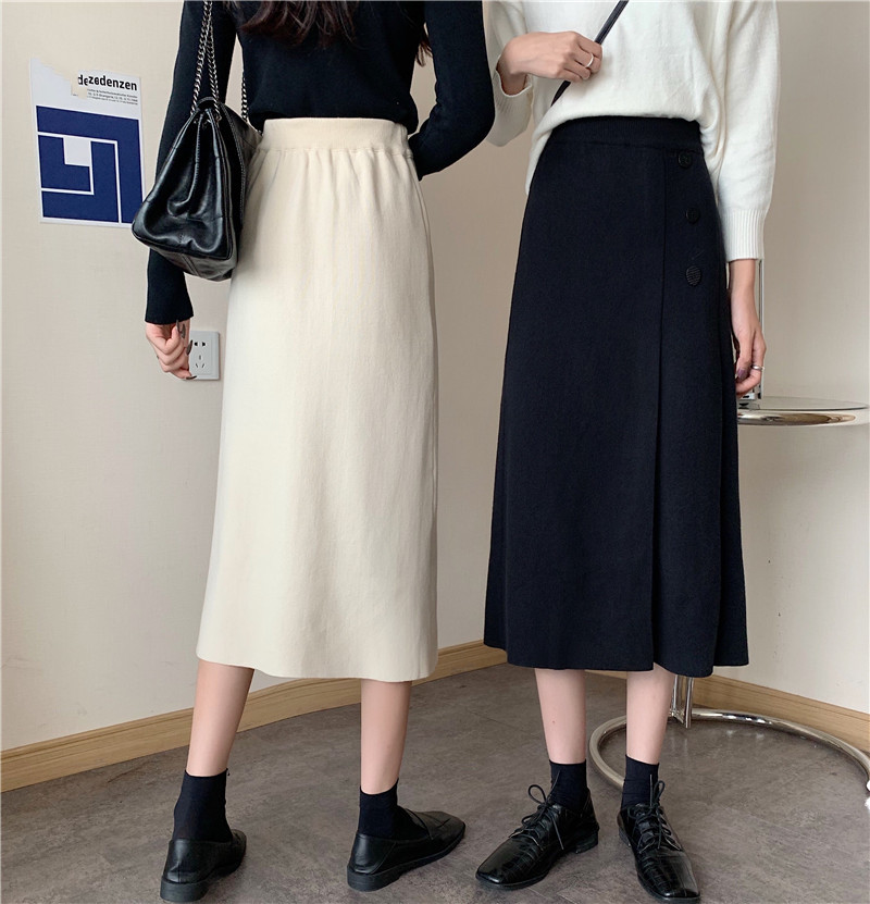 Nomikuma Autumn Winter Women Knitted Skirts Korean Buttons High Waist Causal A-line Sweater Skirt Faldas Mujer 6D412 210427
